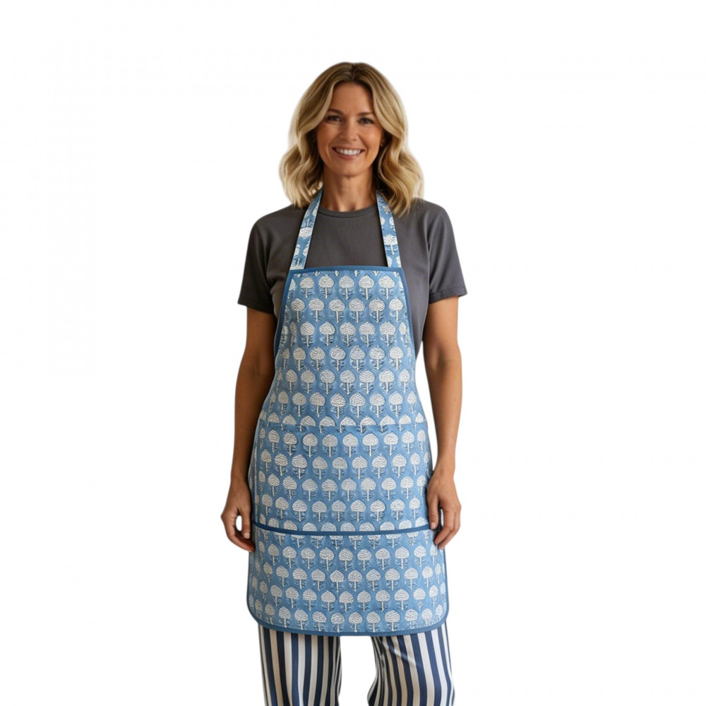 Image of Indian Block-Printed 100% Cotton Apron |  Artichoke Pearl Blue 251210