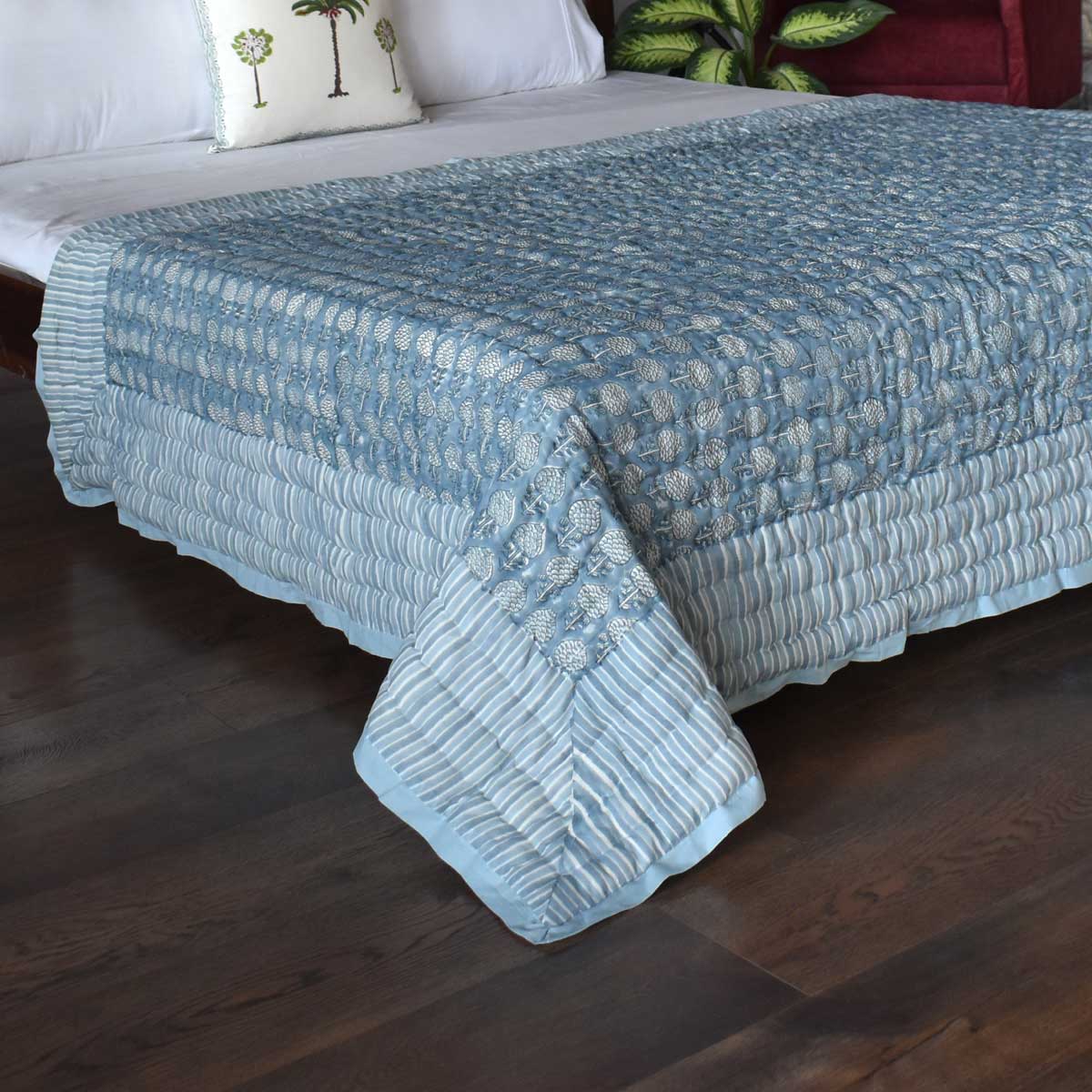 Hand Block Printed Cotton Twin Size Quilt Artichoke Pearl Blue 251210