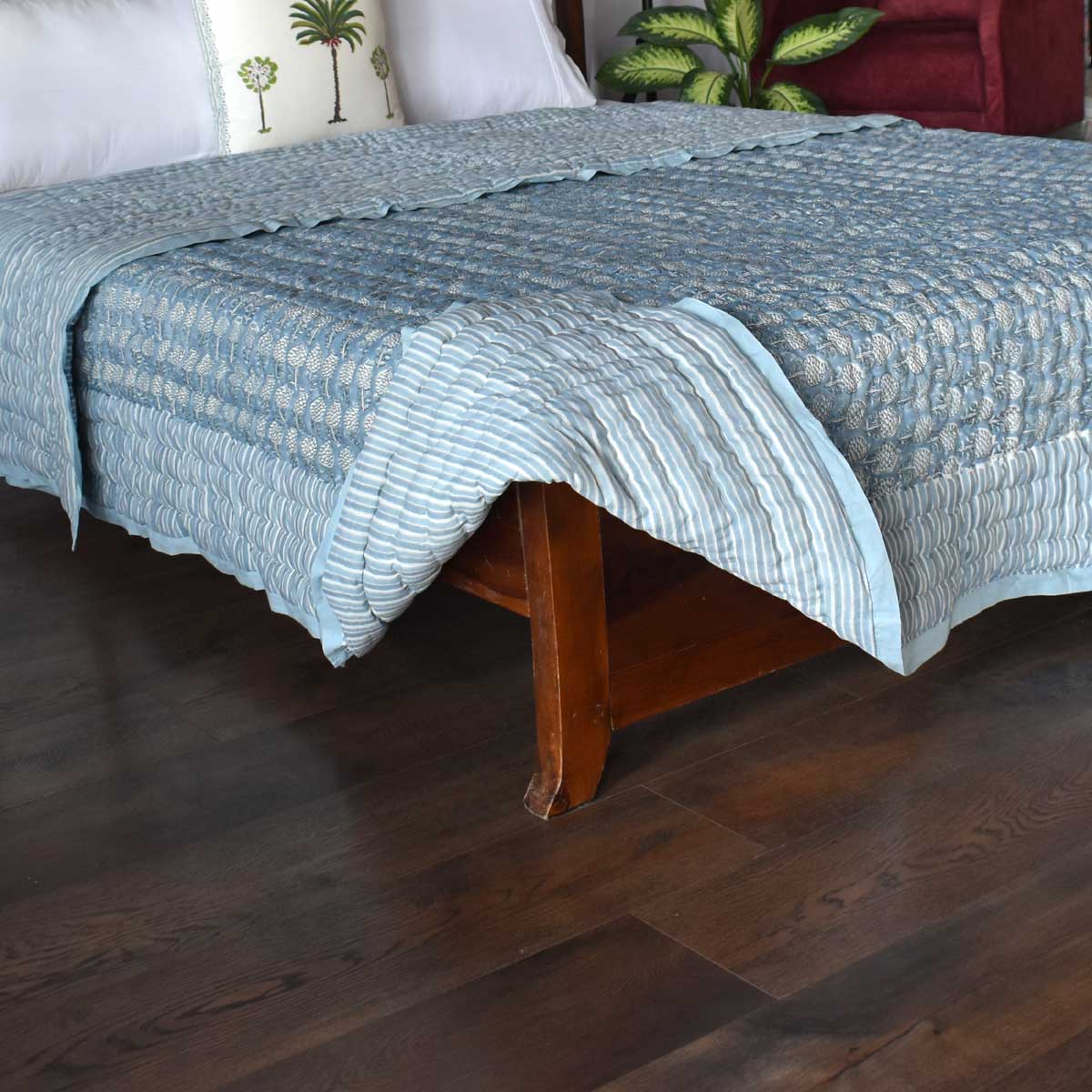 Hand Block Printed Cotton Queen Size Quilt  Artichoke Pearl Blue 251210