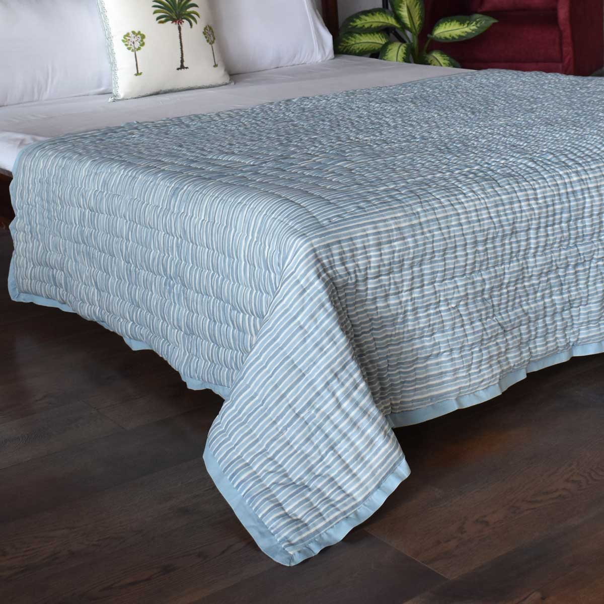 Hand Block Printed Cotton Twin Size Quilt Artichoke Pearl Blue 251210