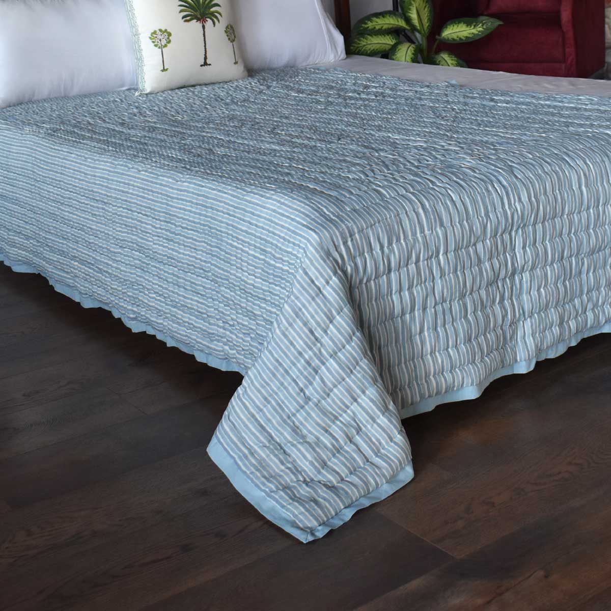 Hand Block Printed Cotton Twin Size Quilt Artichoke Pearl Blue 251210