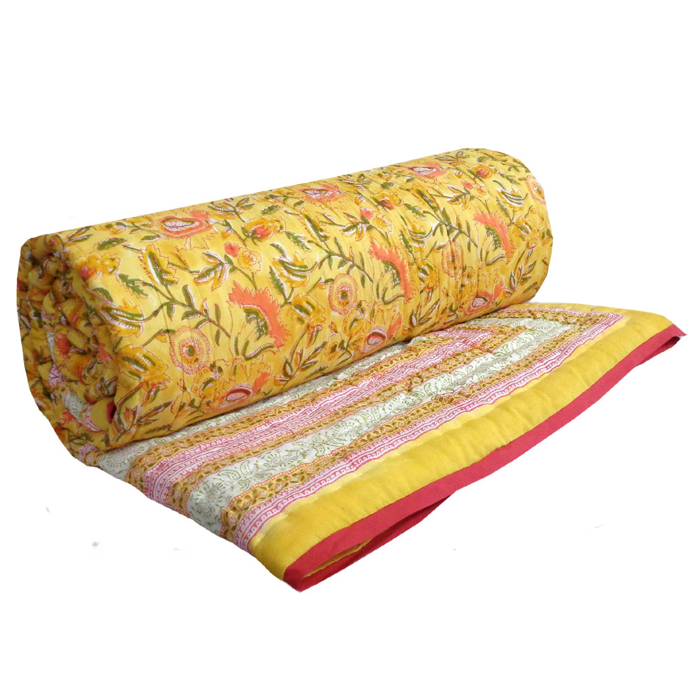 Hand Block Printed Cotton Quilt King Size August Yellow 906211