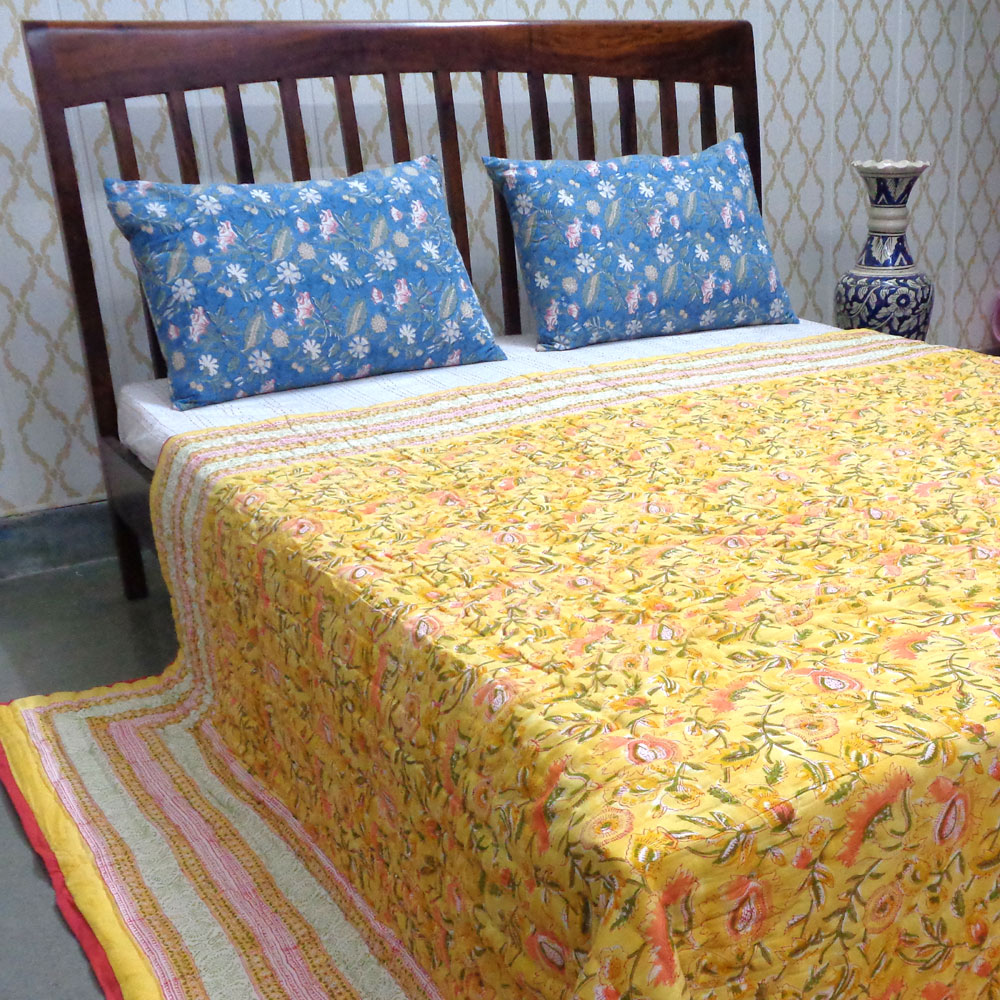 Hand Block Printed Cotton Quilt King Size August Yellow 906211