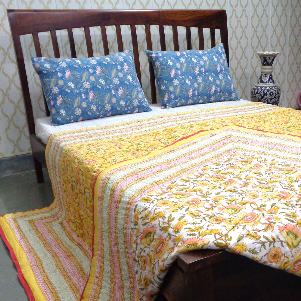 Hand Block Printed Cotton Quilt King Size August Yellow 906211