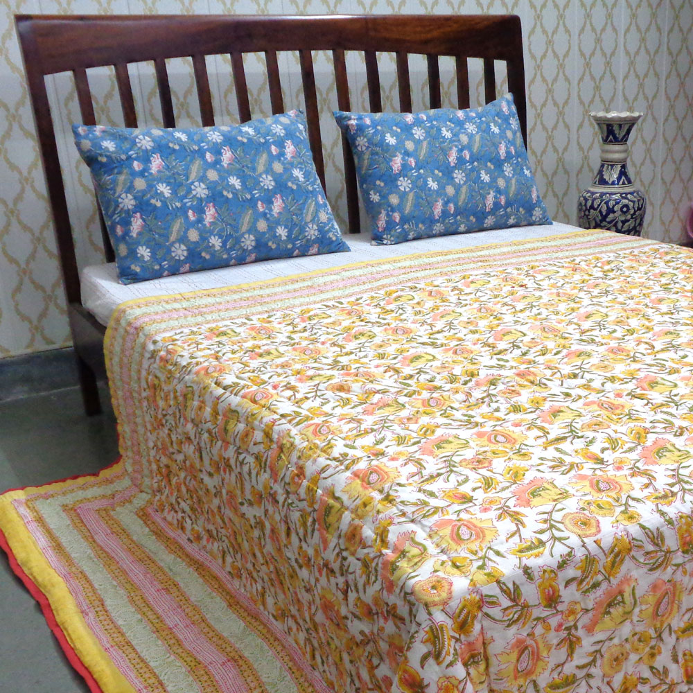 Hand Block Printed Cotton Quilt King Size August Yellow 906211
