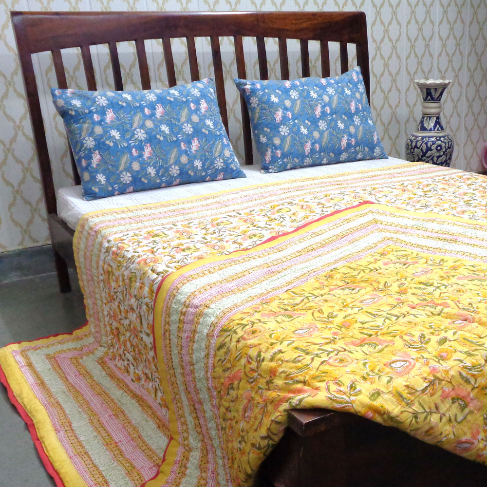 Hand Block Printed Cotton Quilt King Size August Yellow 906211