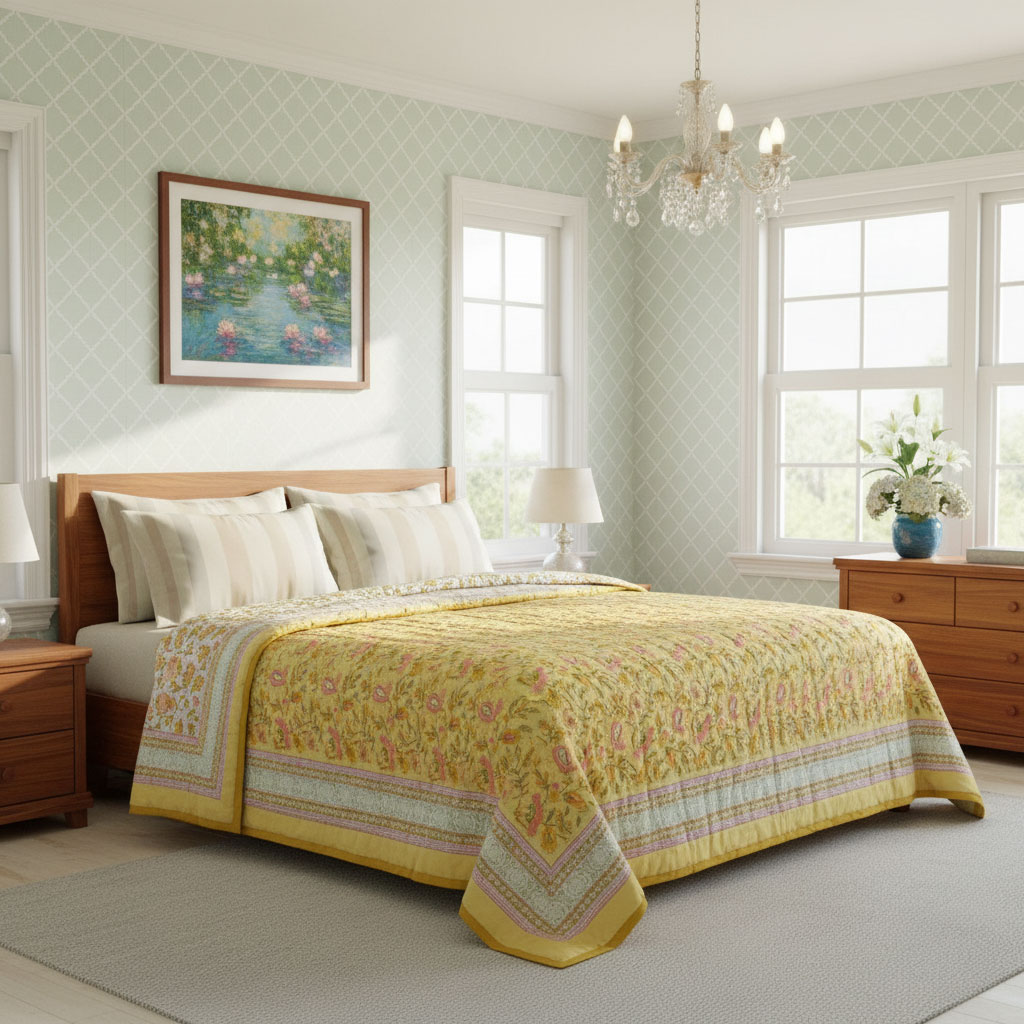 Hand Block Printed Cotton Quilt King Size August Yellow 906211