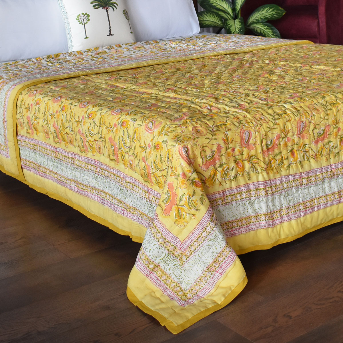 Hand Block Printed Cotton Quilt King Size August Yellow 906211