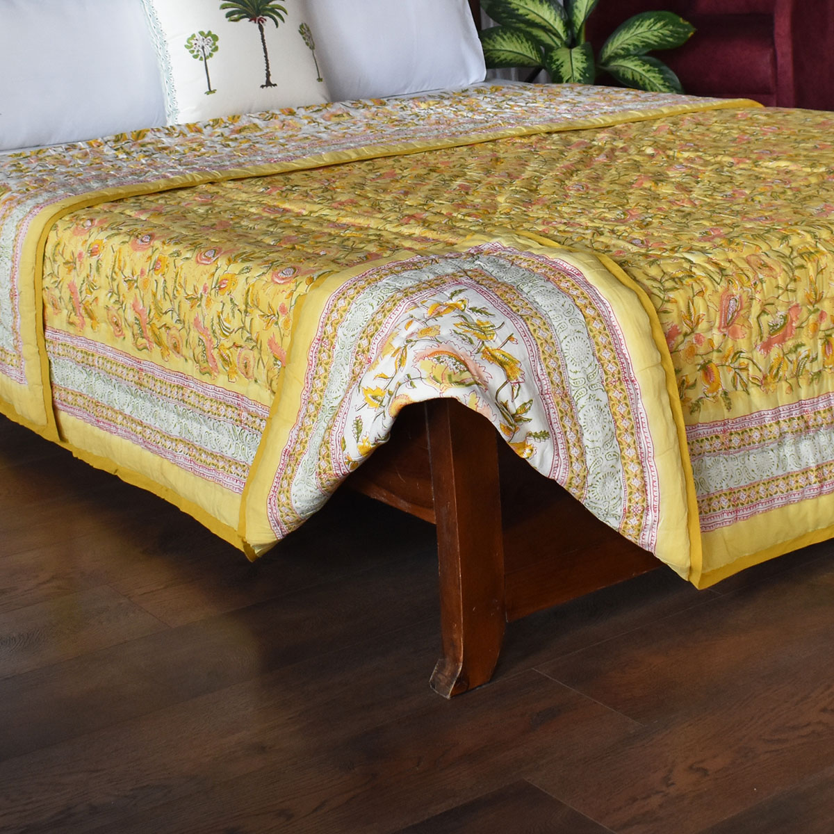 Hand Block Printed Cotton Quilt King Size August Yellow 906211