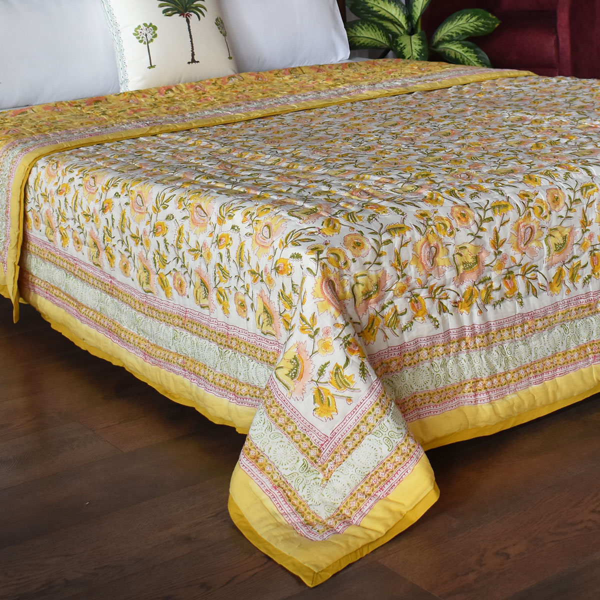 Hand Block Printed Cotton Quilt King Size August Yellow 906211