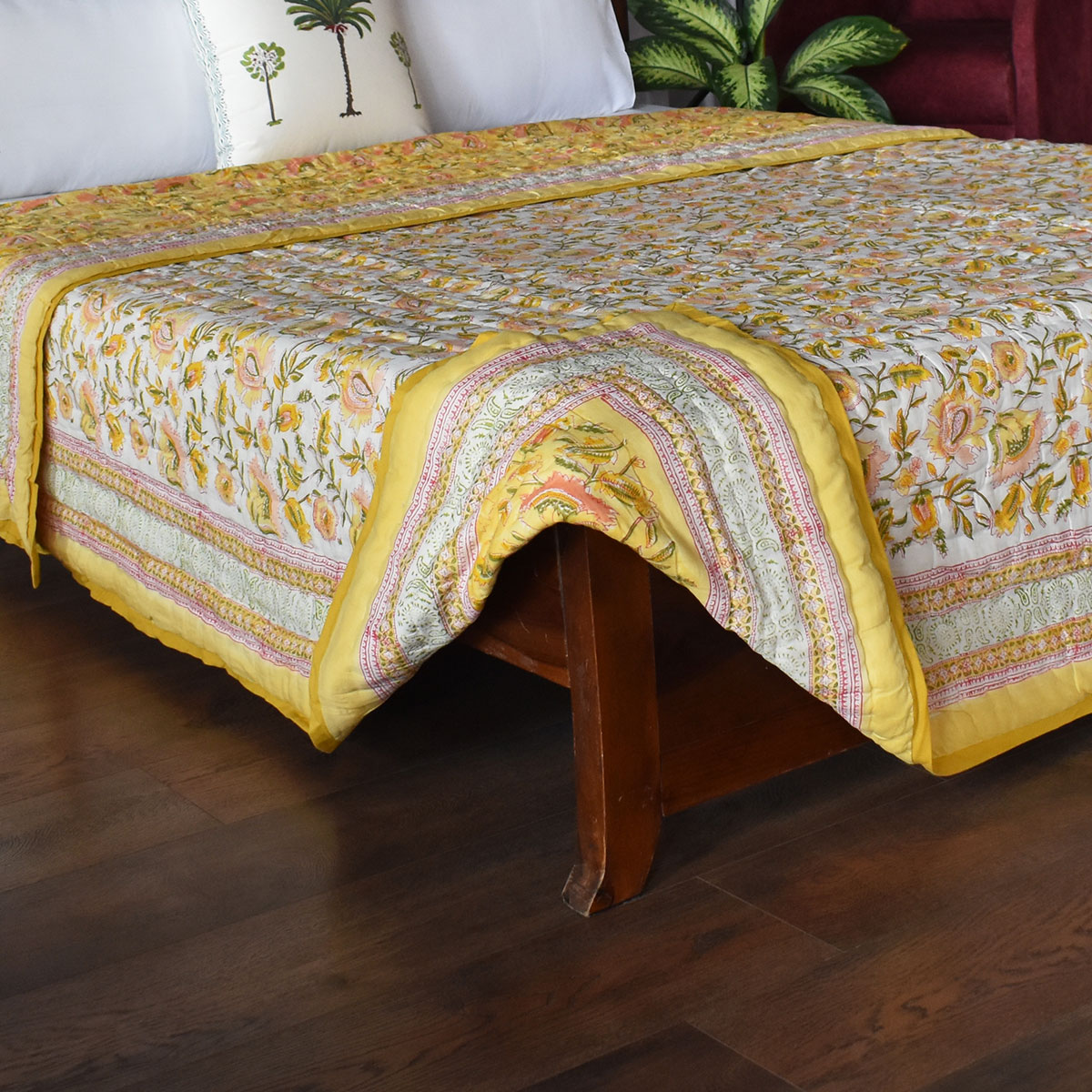 Hand Block Printed Cotton Quilt King Size August Yellow 906211