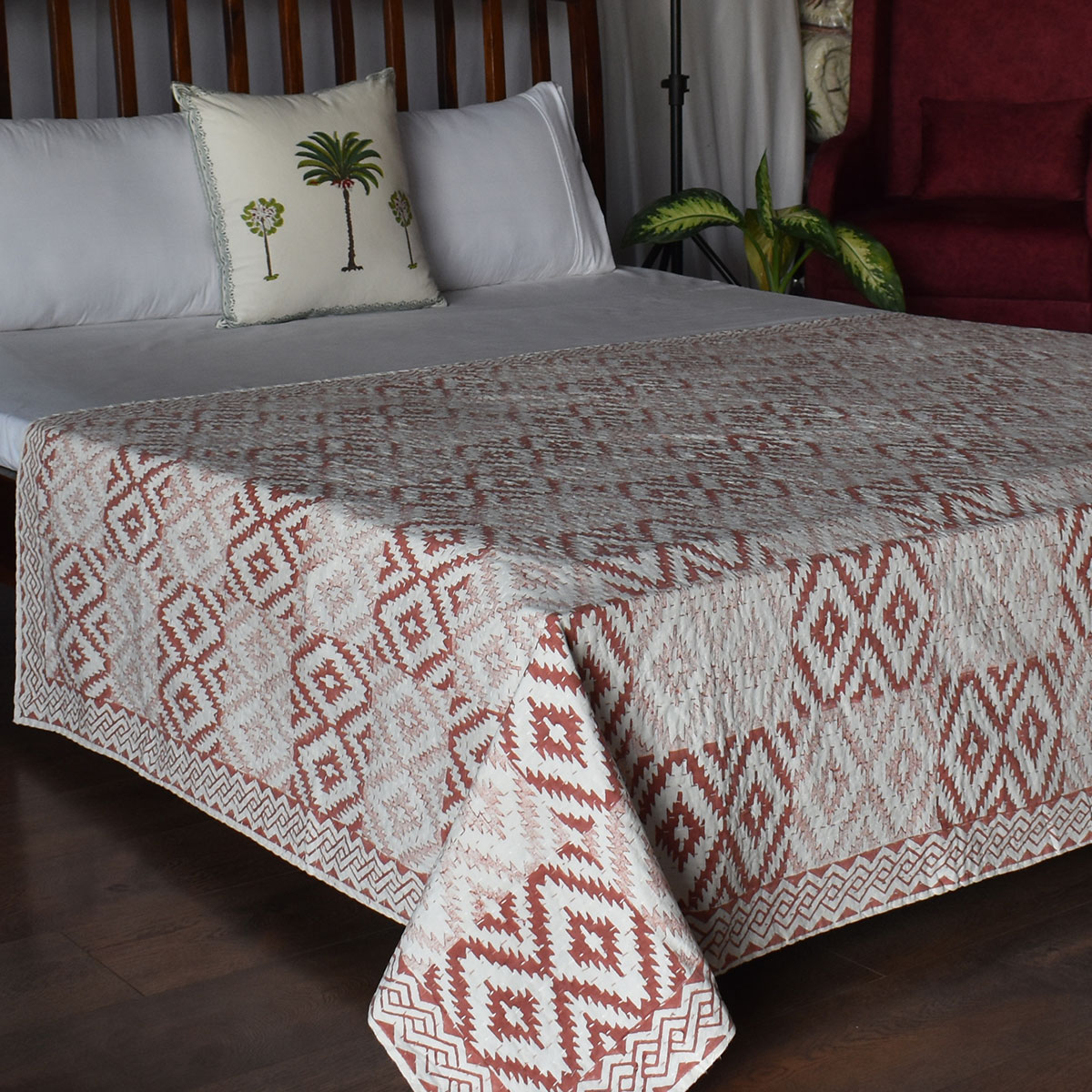 Hand Block Printed Cotton Twin Size Kantha Aztec Cappuccino 200998