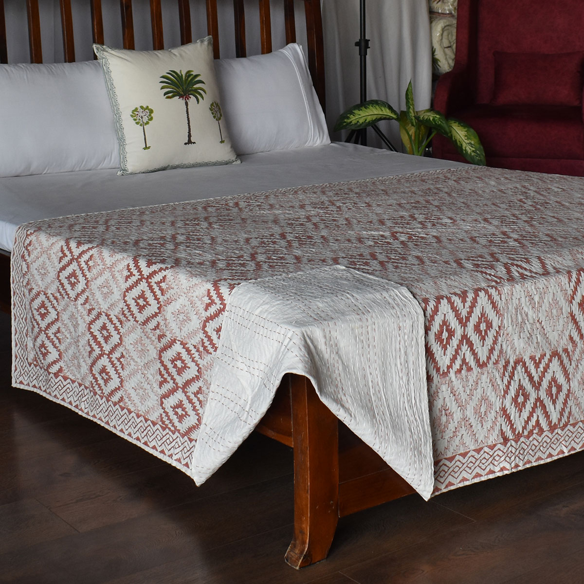 Hand Block Printed Cotton Twin Size Kantha Aztec Cappuccino 200998