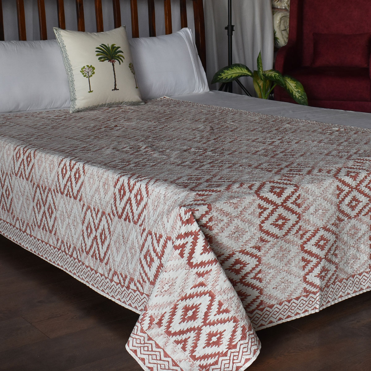Hand Block Printed Cotton Twin Size Kantha Aztec Cappuccino 200998