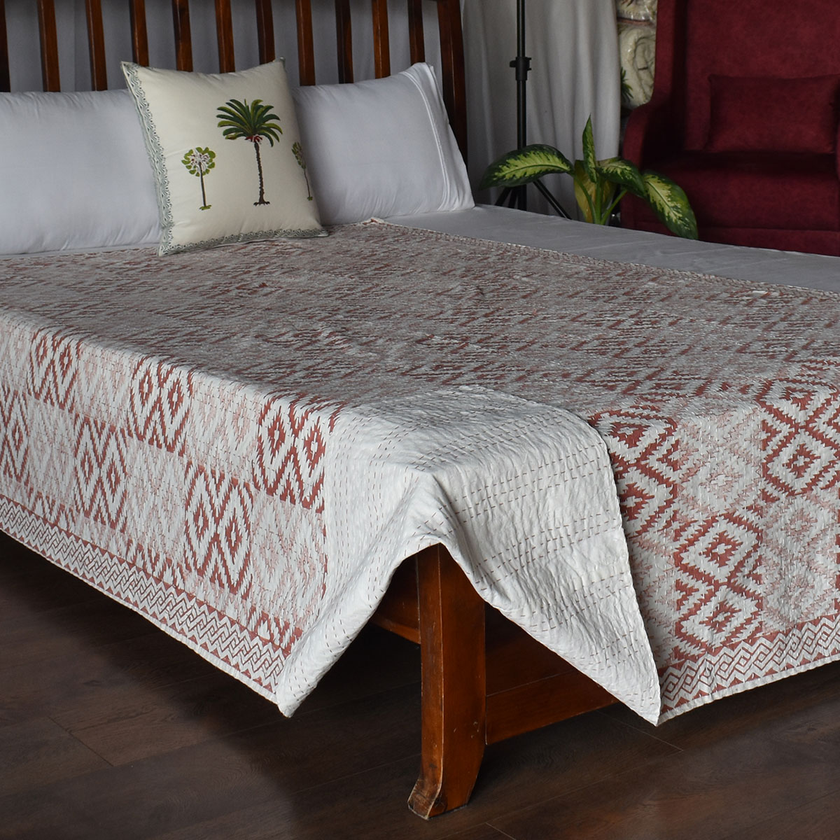 Hand Block Printed Cotton Twin Size Kantha Aztec Cappuccino 200998