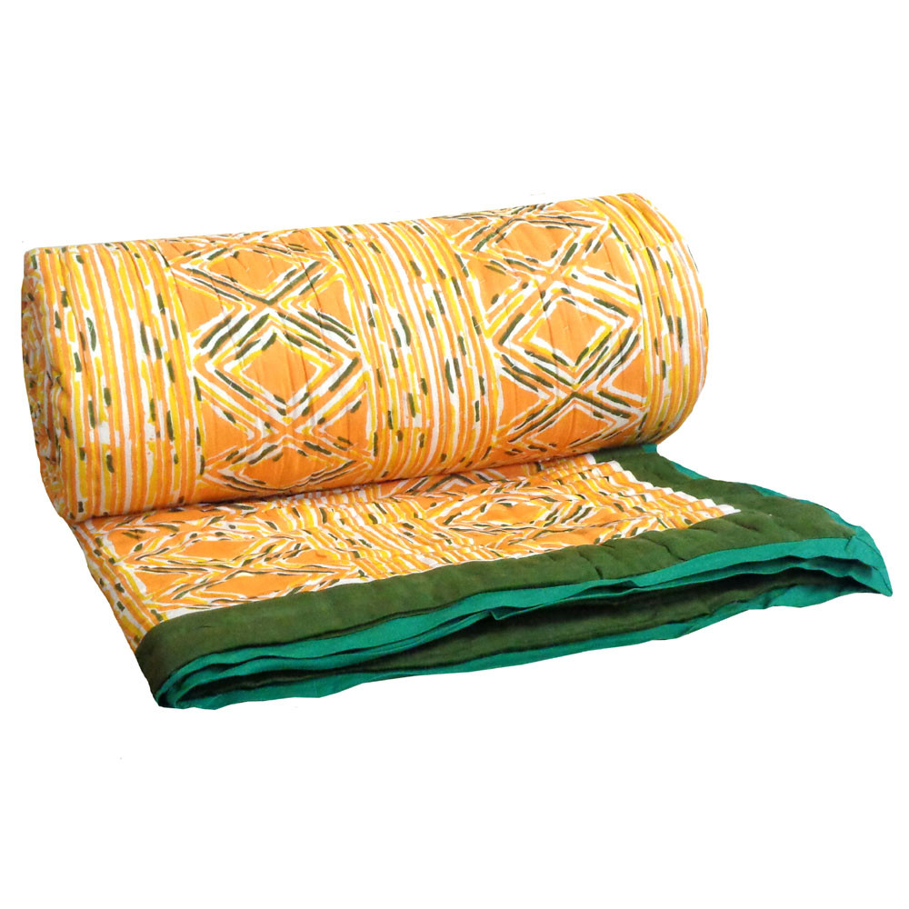 Hand Block Printed Cotton Queen Size Quilt  Aztec Lime 500926