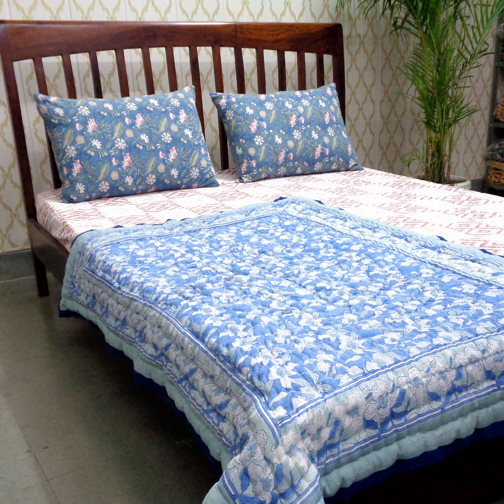 Baby Quilt for Toddler Hand Block Printed Cotton Quilt Orchid Aqua 203890