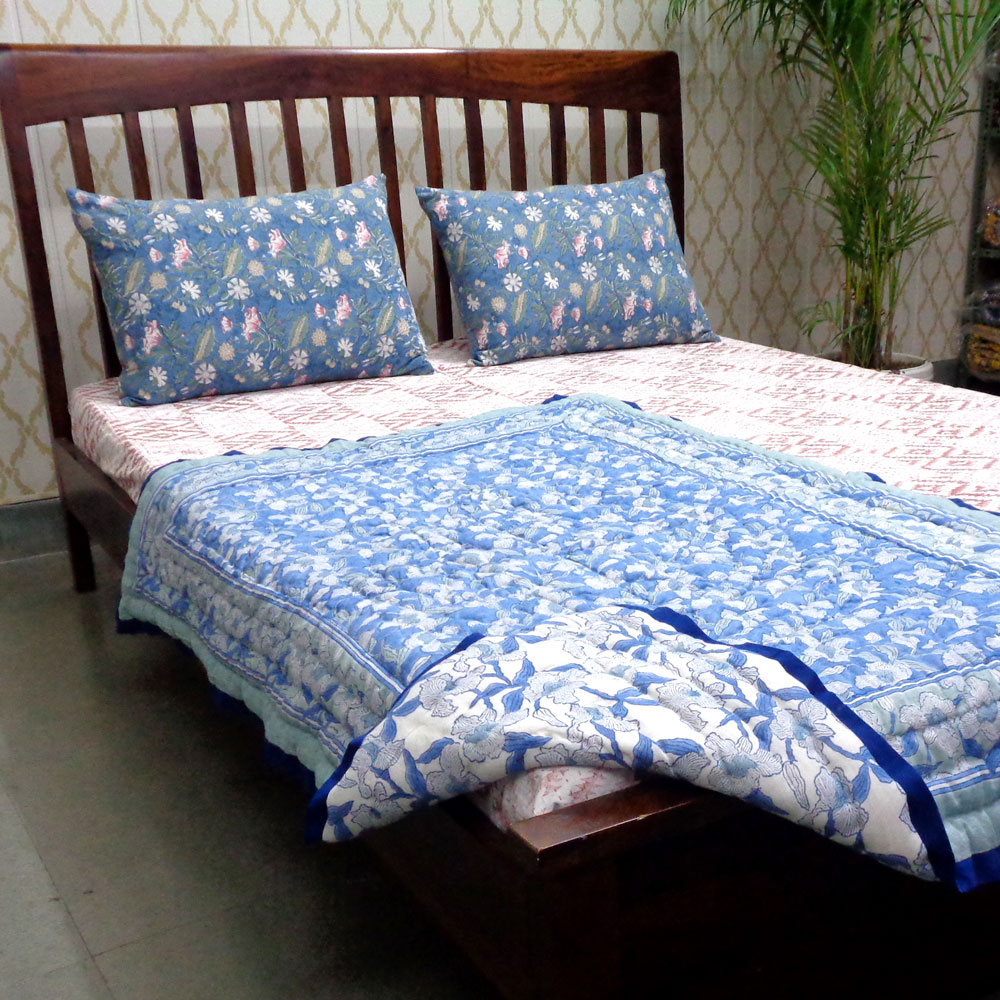 Baby Quilt for Toddler Hand Block Printed Cotton Quilt Orchid Aqua 203890