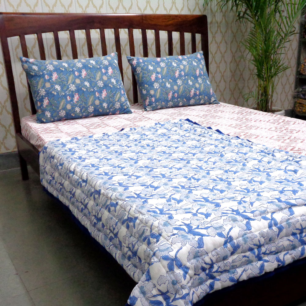 Baby Quilt for Toddler Hand Block Printed Cotton Quilt Orchid Aqua 203890