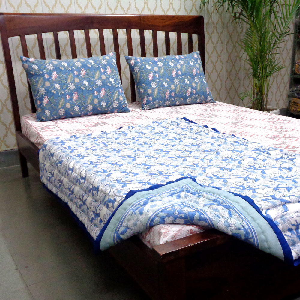 Baby Quilt for Toddler Hand Block Printed Cotton Quilt Orchid Aqua 203890