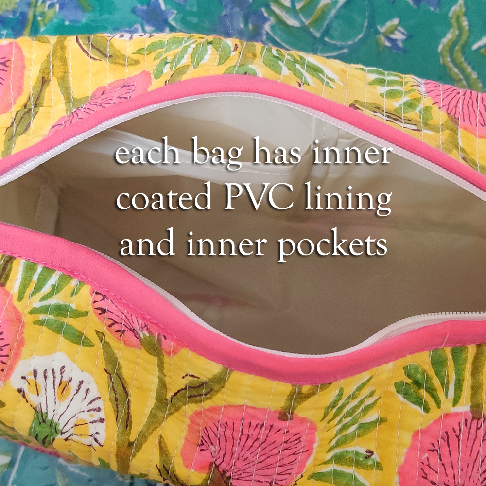 Hand Block Printed Cotton Quilted Cosmetic Bag Set of 2 Desert Blossom Pink Gud 200107