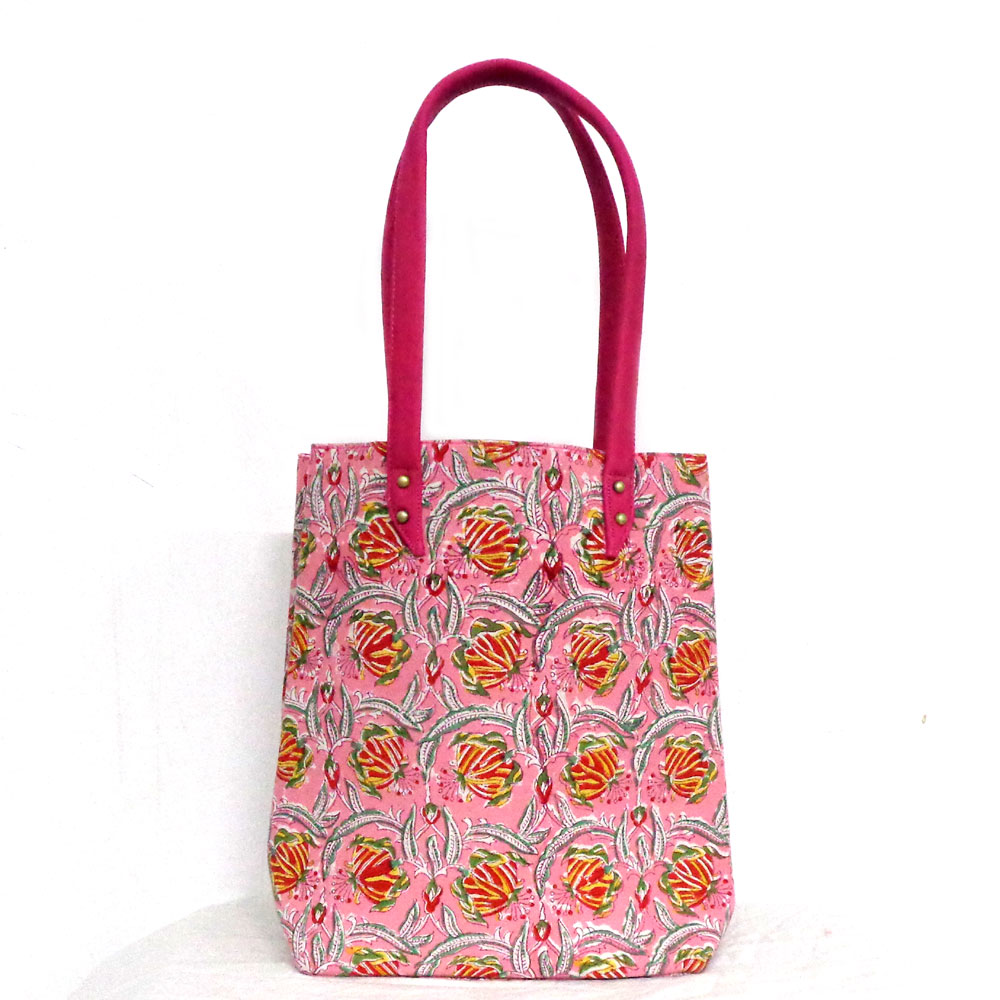 Hand Block Printed Cotton Hand Bags Frost Pink Floral 202816