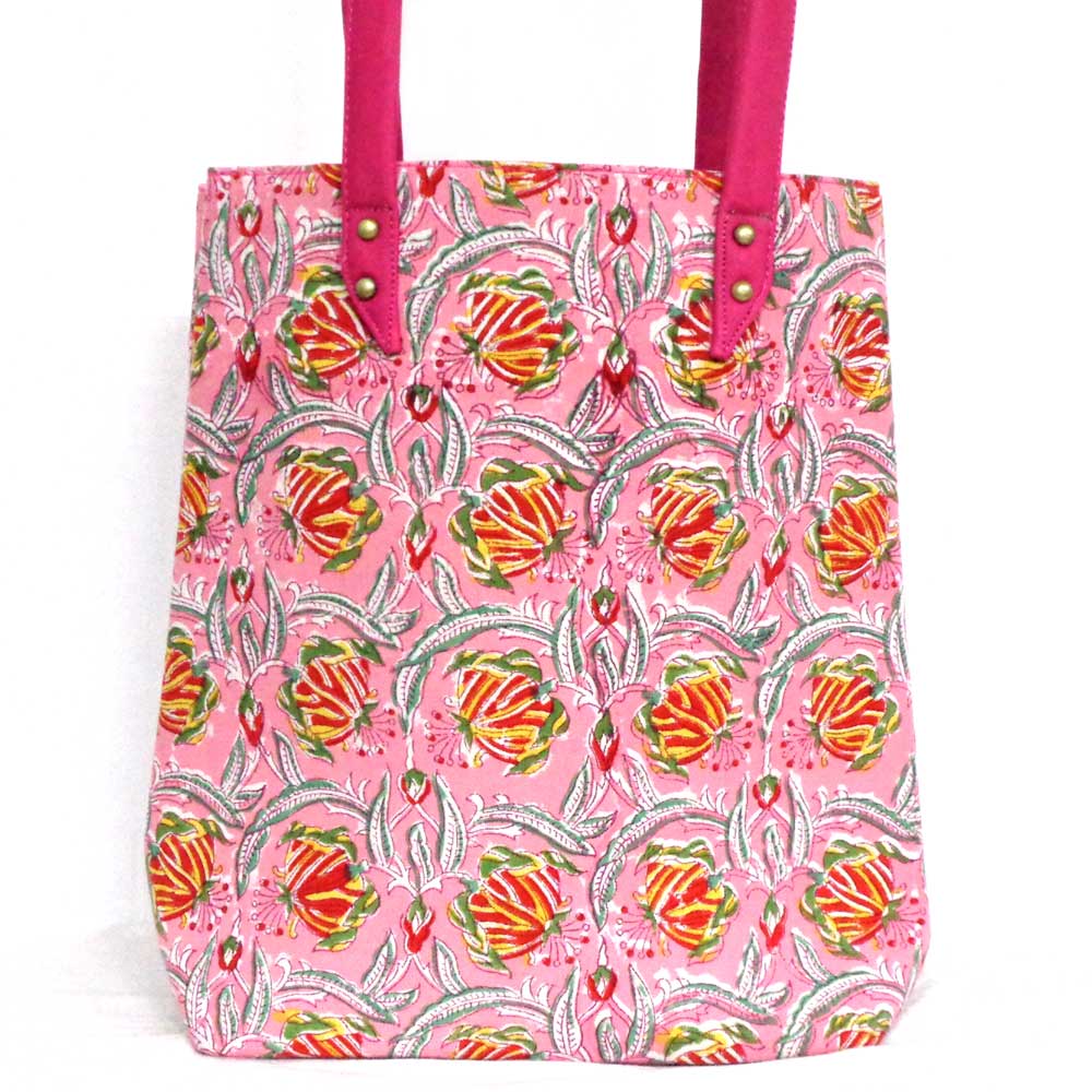 Hand Block Printed Cotton Hand Bags Frost Pink Floral 202816