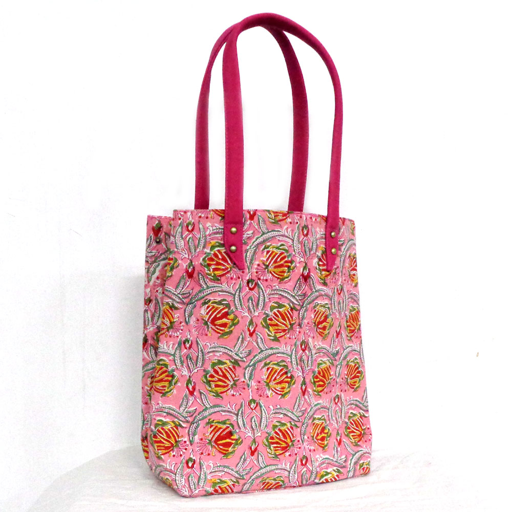 Hand Block Printed Cotton Hand Bags Frost Pink Floral 202816