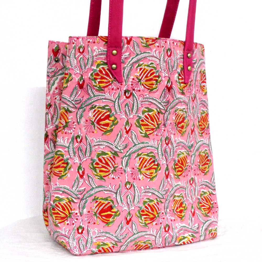 Hand Block Printed Cotton Hand Bags Frost Pink Floral 202816