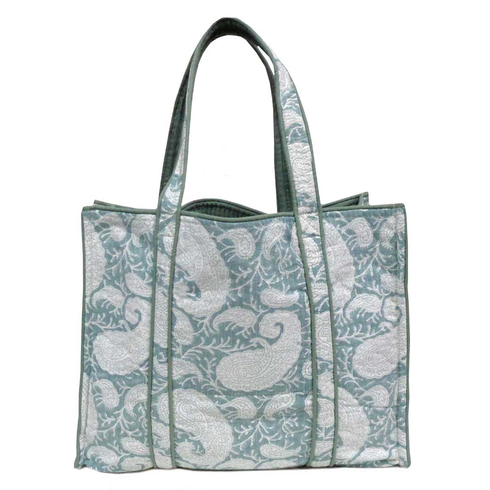 Hand Block Printed Cotton Quilted Tote Bag Ambi Mineral Blue Gud 201582