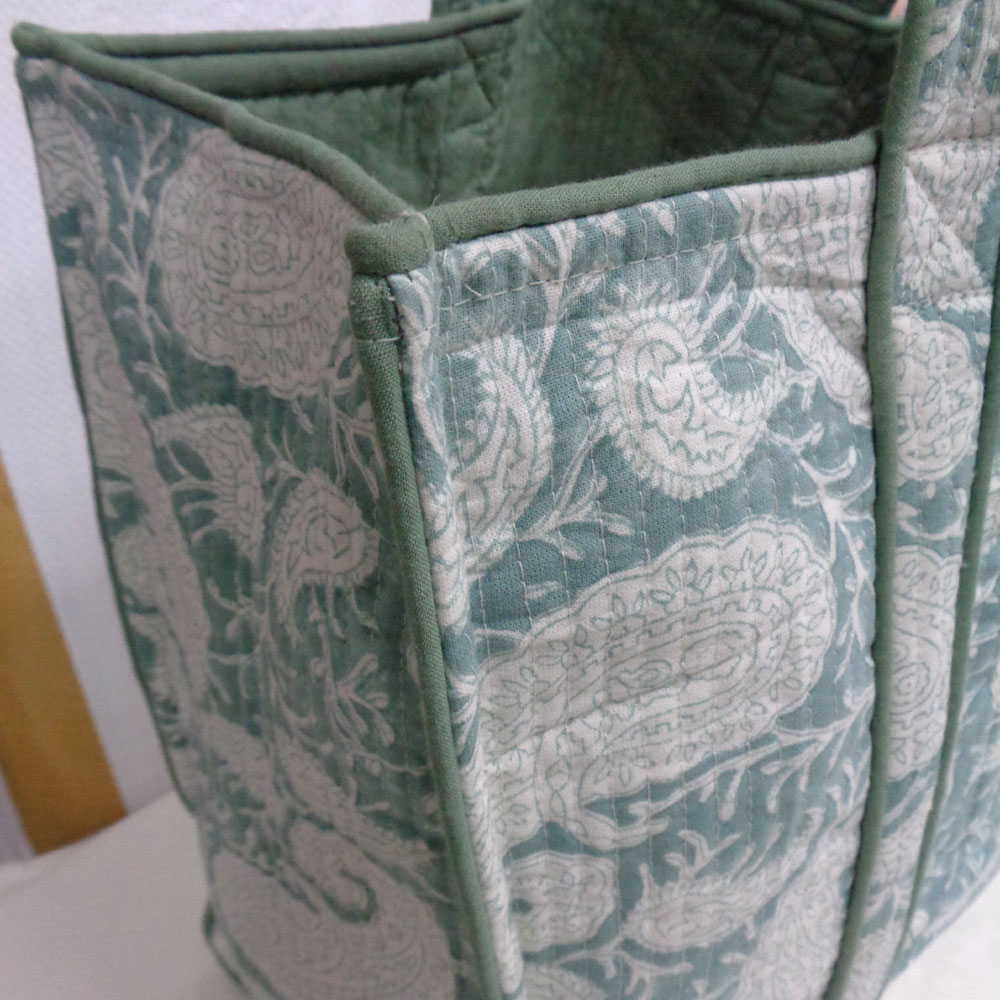 Hand Block Printed Cotton Quilted Tote Bag Ambi Mineral Blue Gud 201582