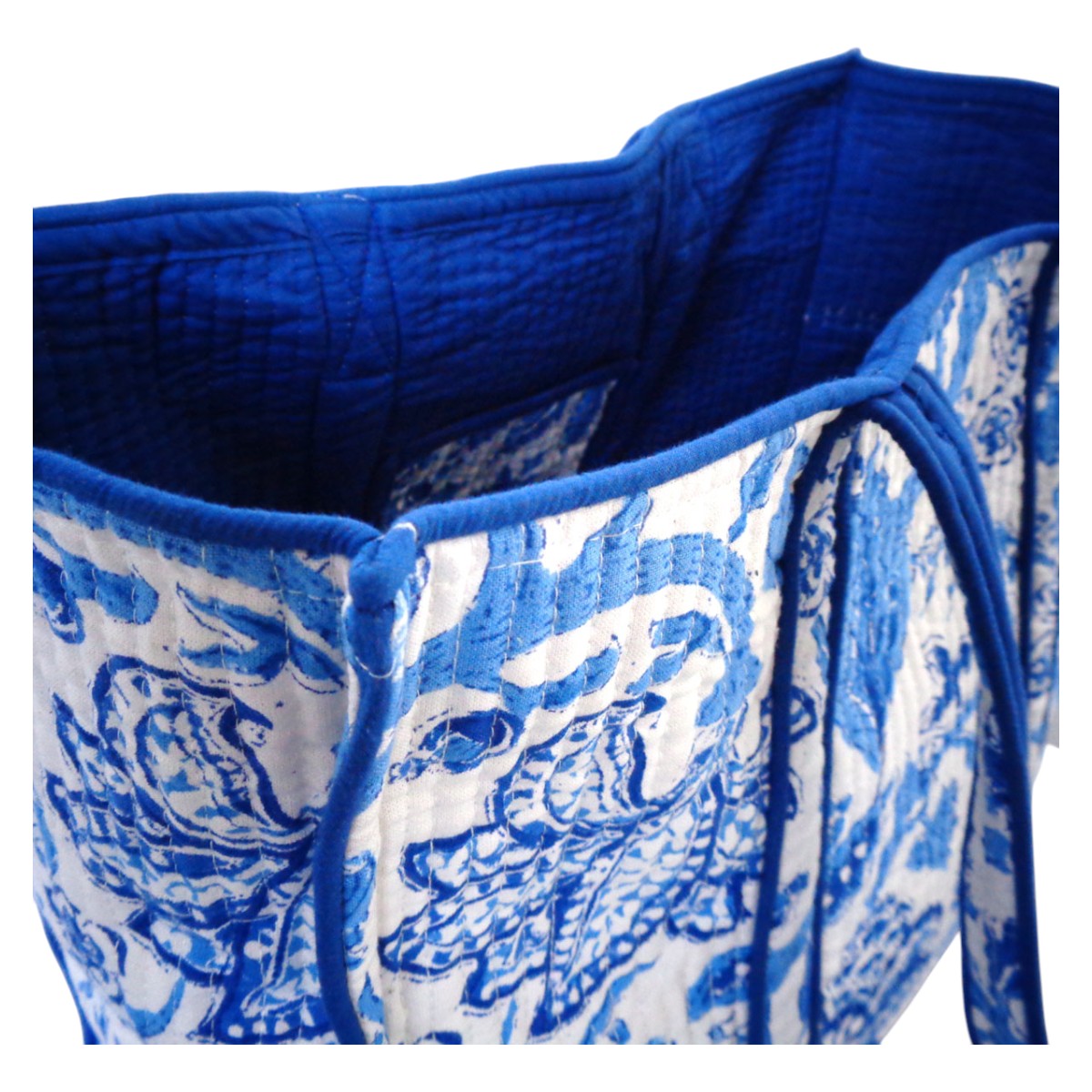 Hand Block Printed Cotton Quilted Tote Bag Anarkali Blue Open 106795