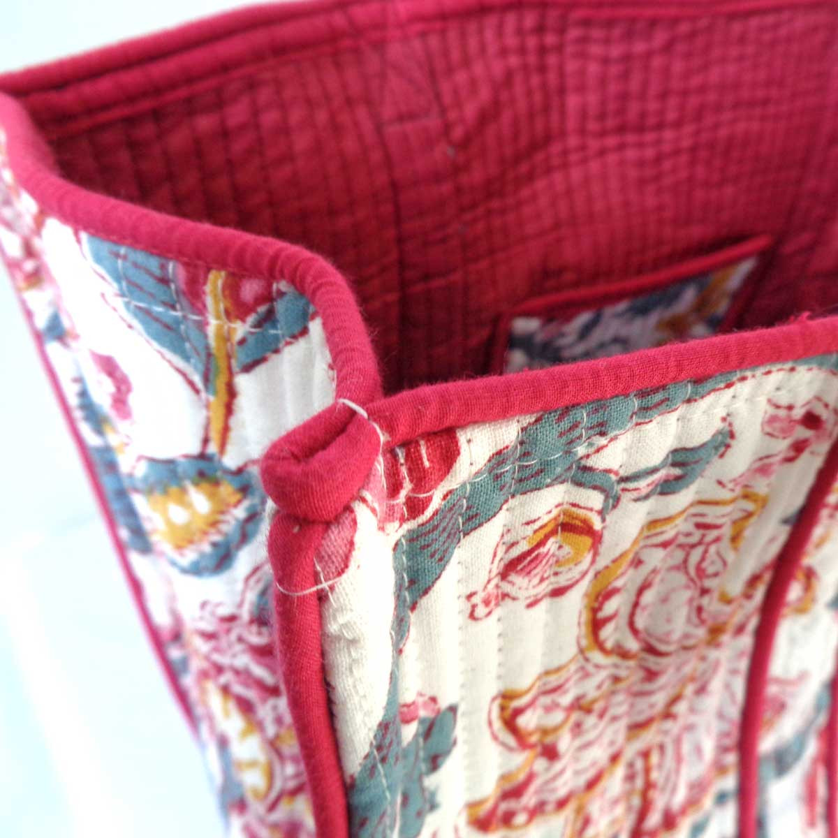 Hand Block Printed Cotton Quilted Tote Bag Anarkali Red Open 200652