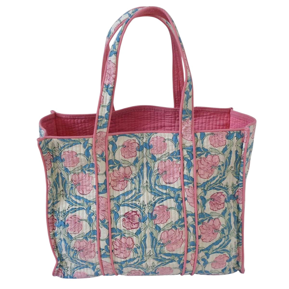 Hand Block Printed Cotton Quilted Tote Bag Bauhaus Pink Flower 601774