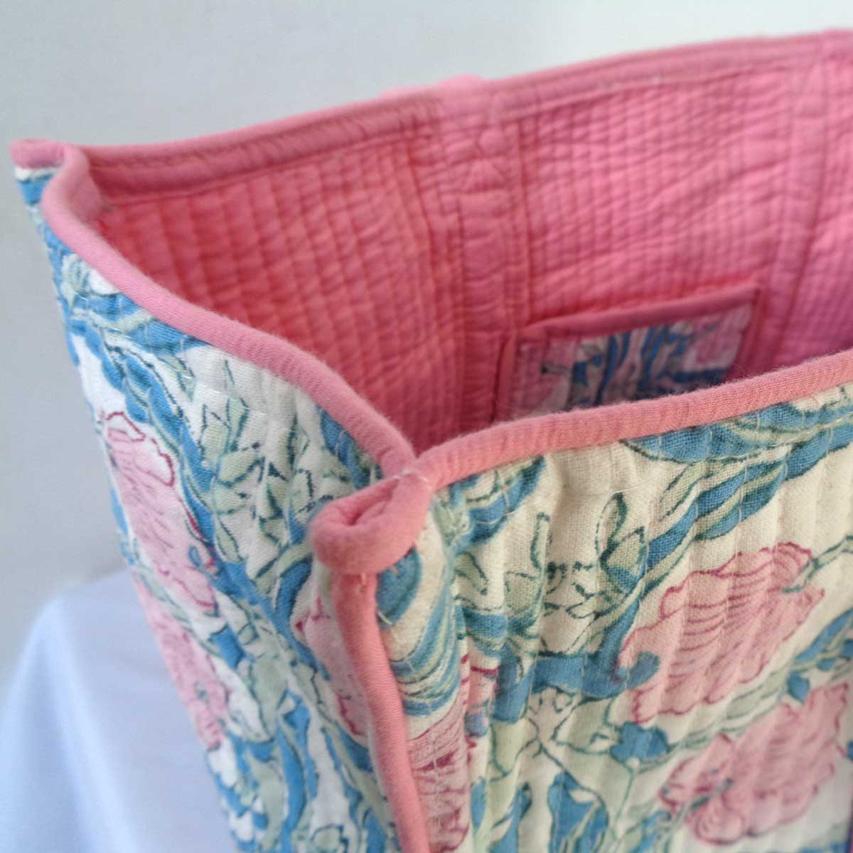 Hand Block Printed Cotton Quilted Tote Bag Bauhaus Pink Flower 601774