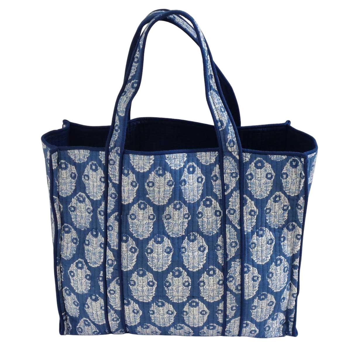 Hand Block Printed Cotton Quilted Tote Bag Boota Aster Blue 202504