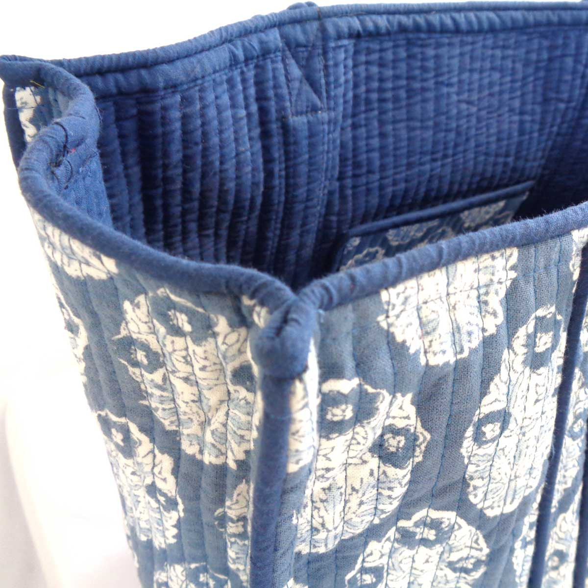 Hand Block Printed Cotton Quilted Tote Bag Boota Aster Blue 202504