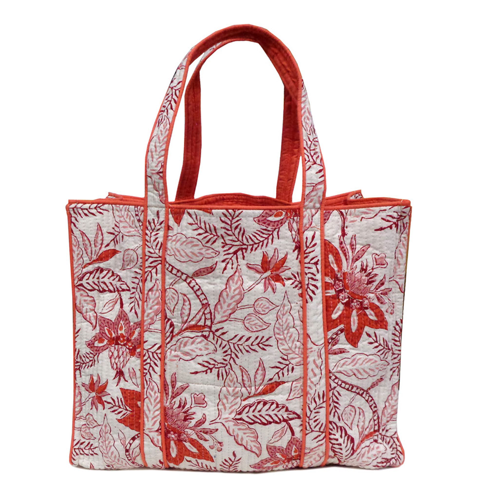 Hand Block Printed Cotton Quilted Tote Bag Bossanova Red Open 103700