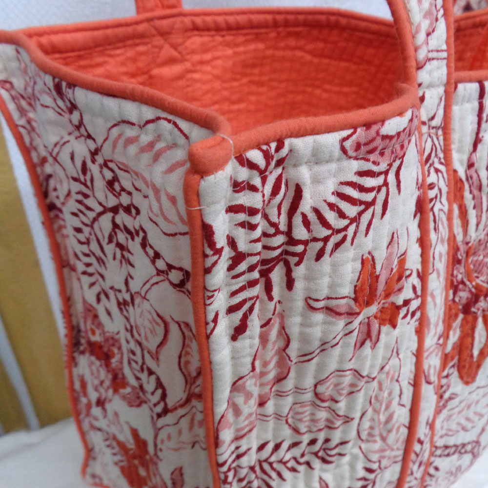 Hand Block Printed Cotton Quilted Tote Bag Bossanova Red Open 103700