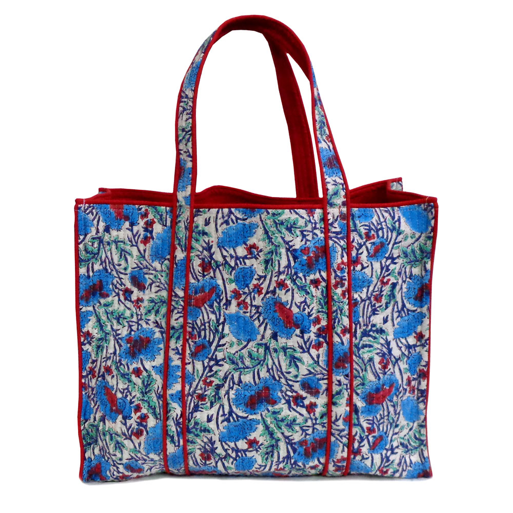 Hand Block Printed Cotton Quilted Tote Bag Bush Flower Blue Open 105380