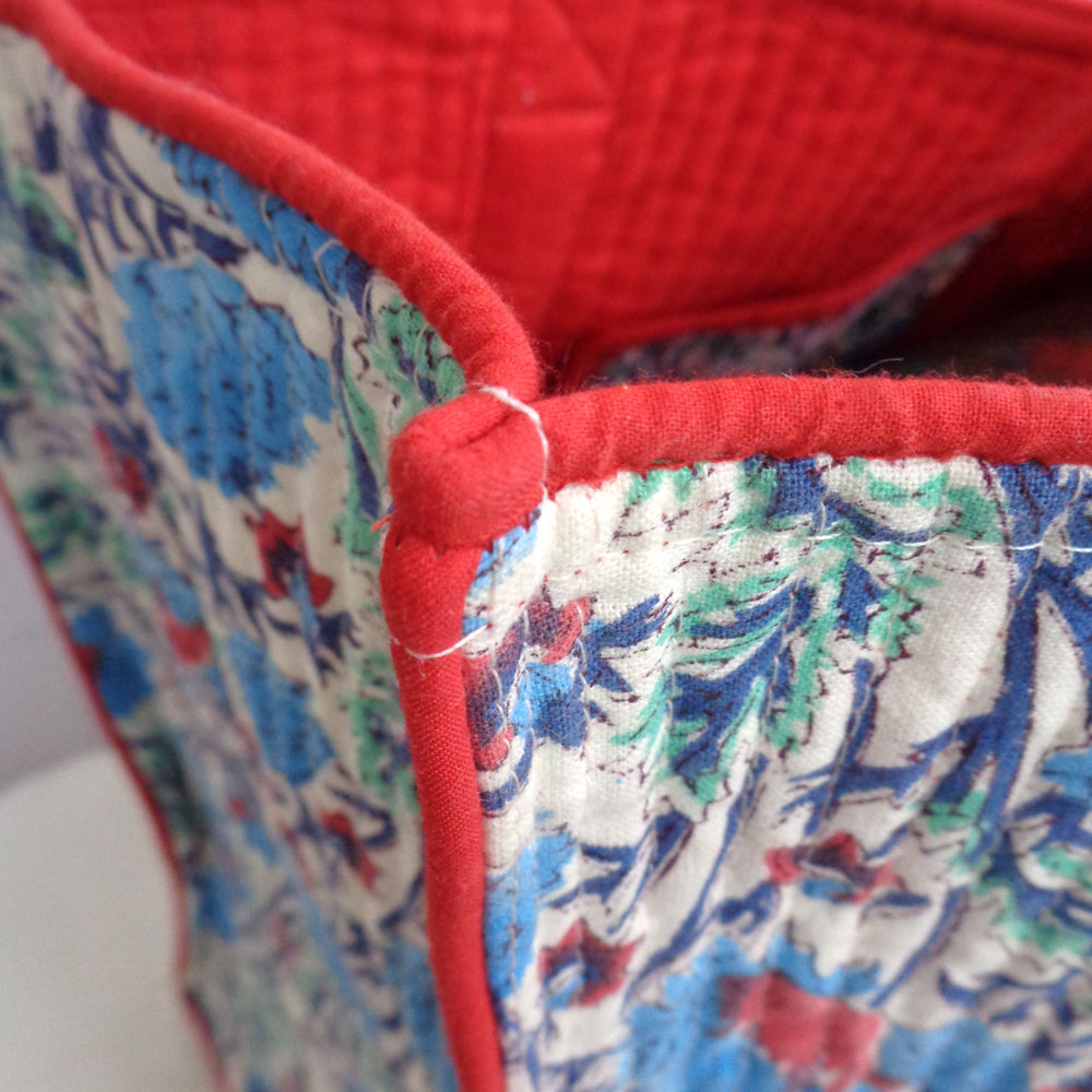 Hand Block Printed Cotton Quilted Tote Bag Bush Flower Blue Open 105380