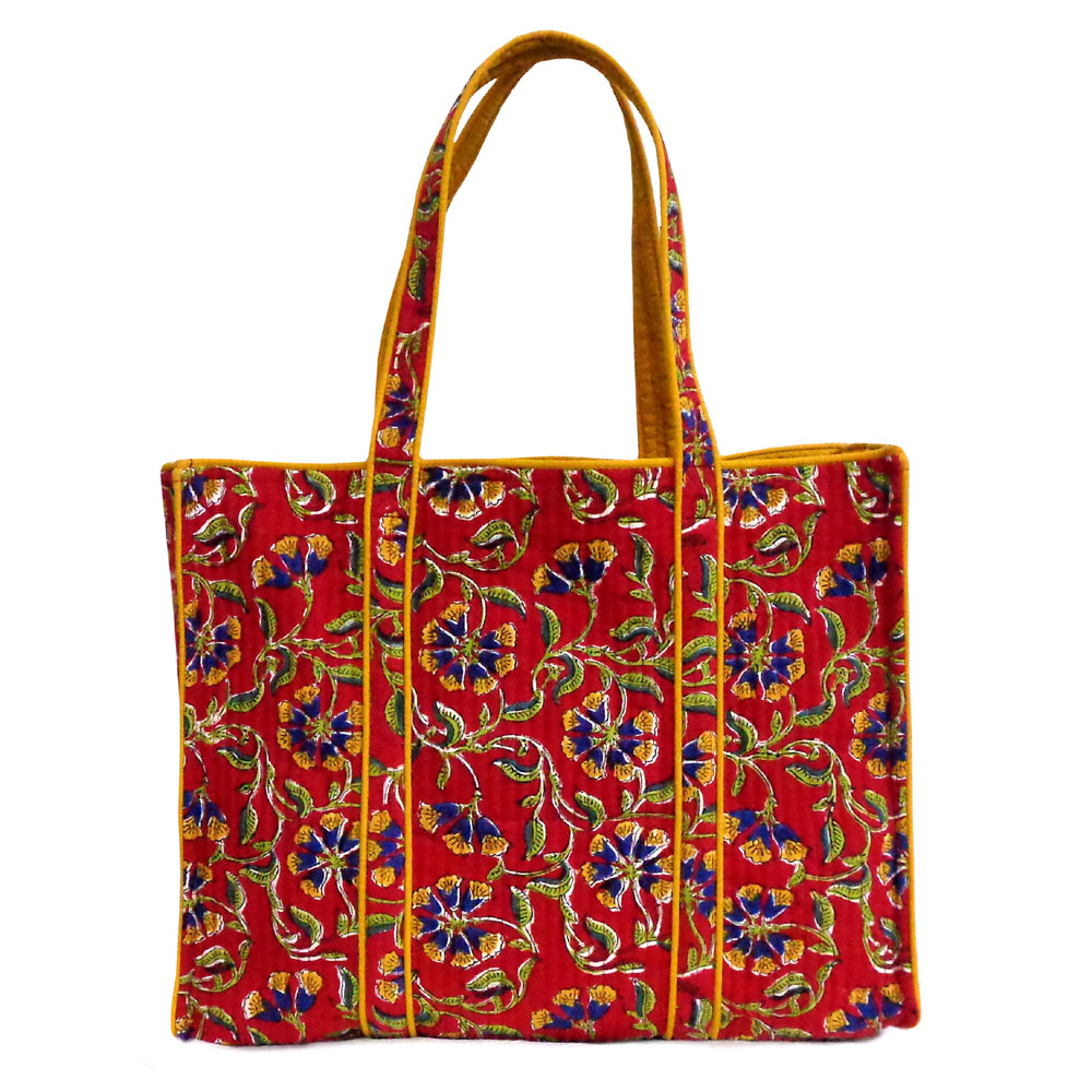 Hand Block Printed Cotton Quilted Tote Bag Chakri Red Gud 101748