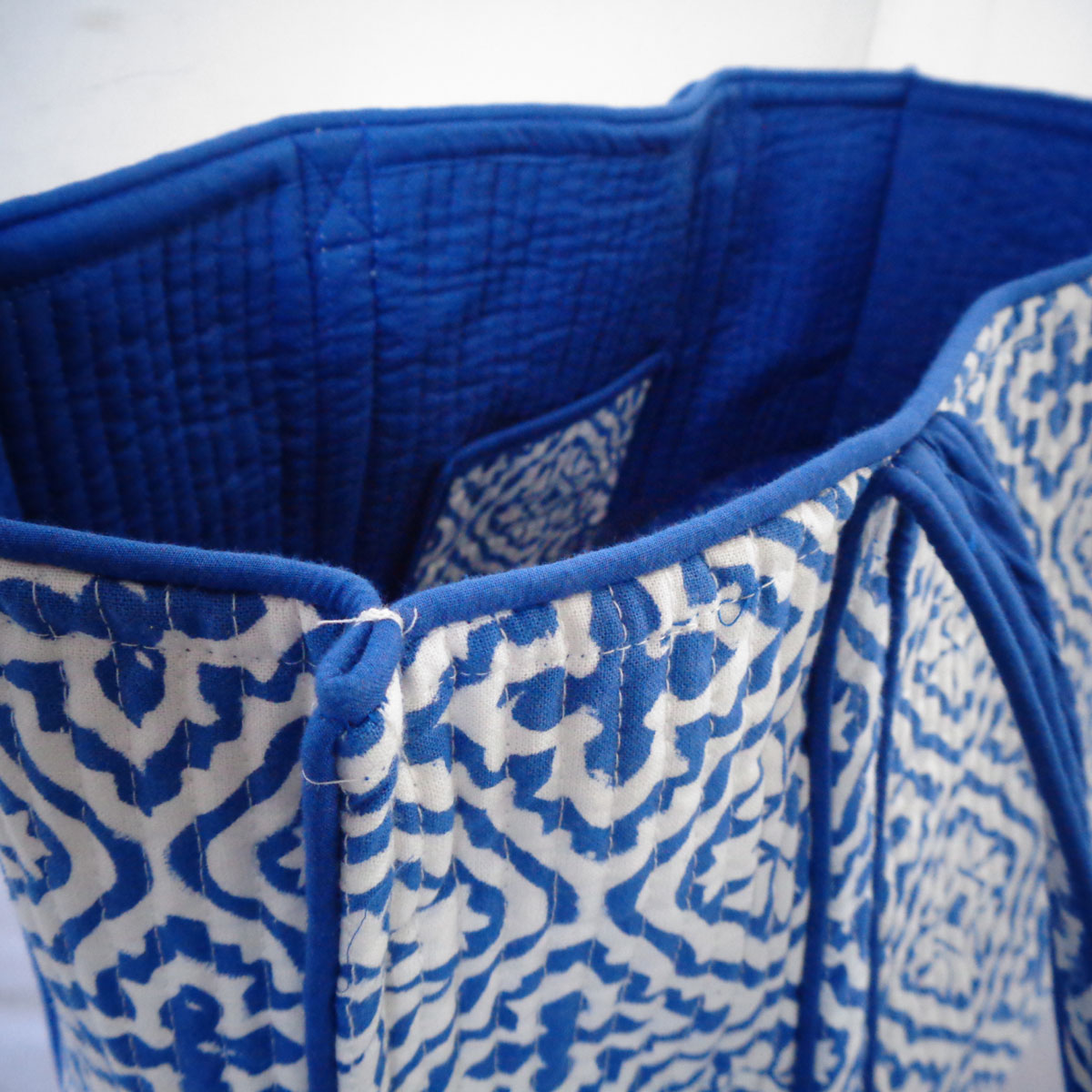 Hand Block Printed Cotton Quilted Tote Bag  Cross Flower Blue 302287
