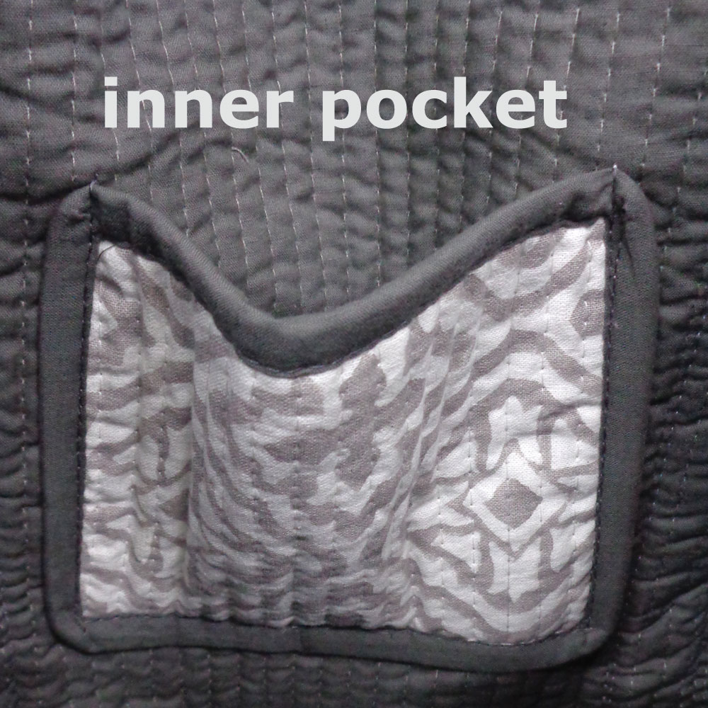 Hand Block Printed Cotton Quilted Tote Bag Cross Flower Grey 100459