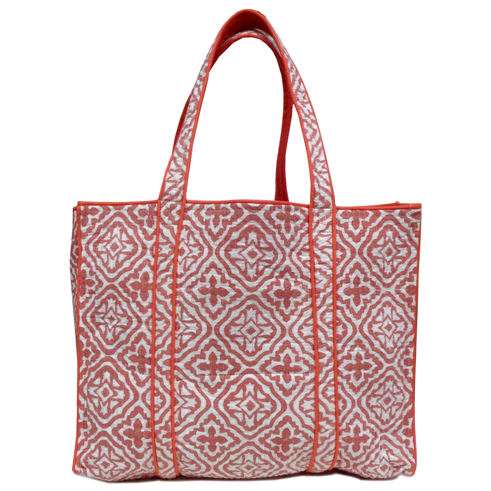 Hand Block Printed Cotton Quilted Tote Bag Cross Flower Pink 107051