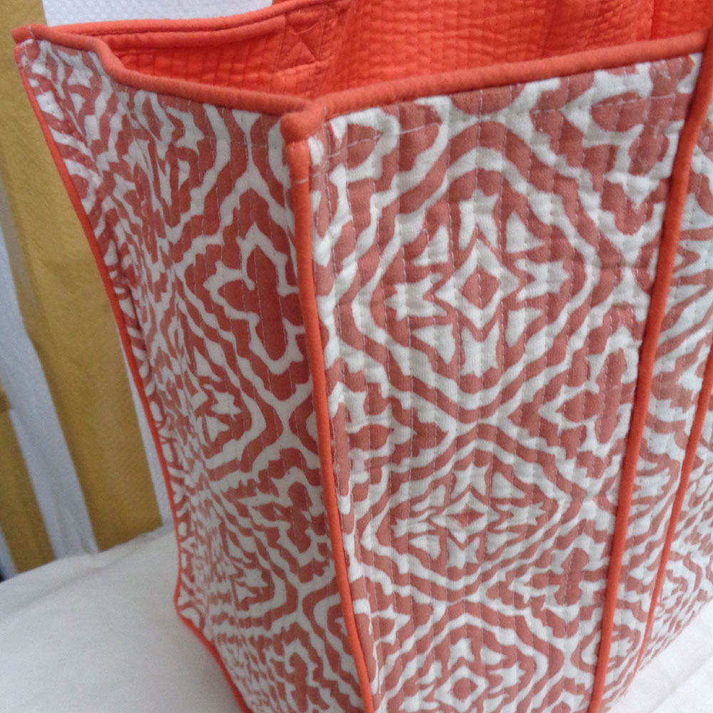 Hand Block Printed Cotton Quilted Tote Bag Cross Flower Pink 107051