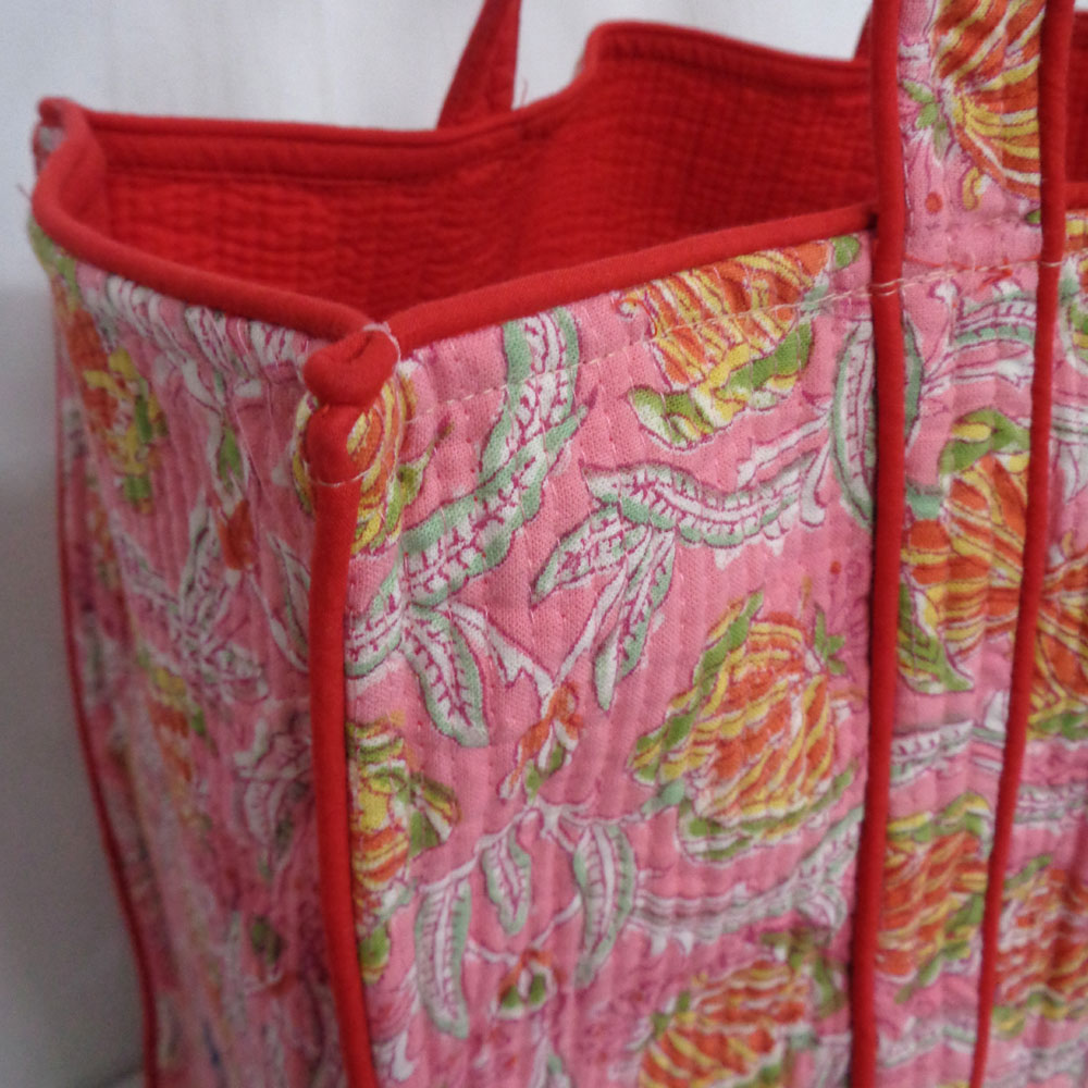 Hand Block Printed Cotton Quilted Tote Bag Frost Pink Floral 202816
