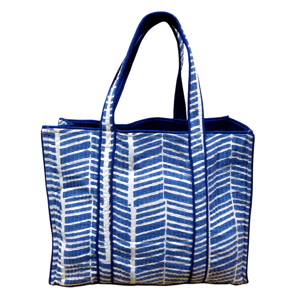 Hand Block Printed Cotton Quilted Tote Bag Herringbone Blue 100468