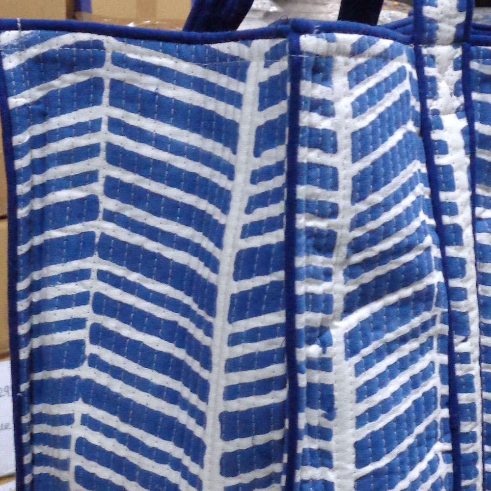 Hand Block Printed Cotton Quilted Tote Bag Herringbone Blue 100468