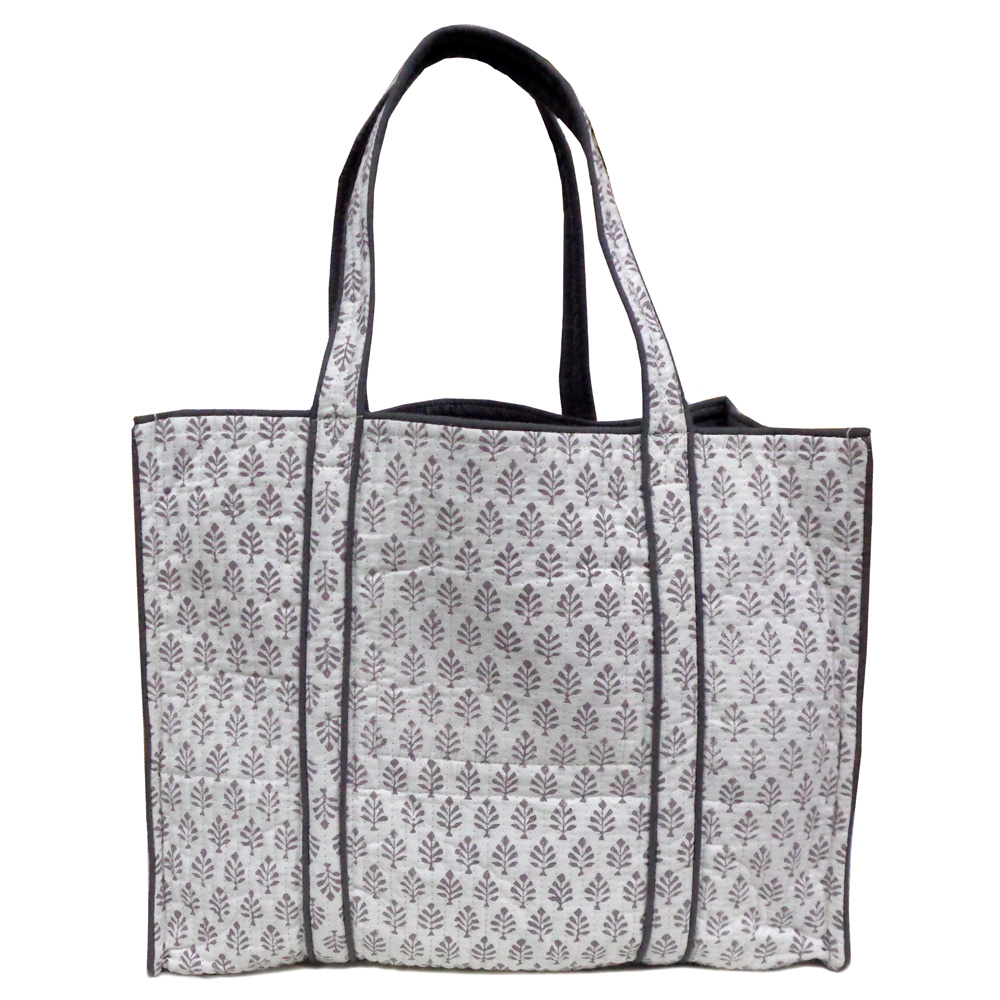 Hand Block Printed Cotton Quilted Tote Bag Neem Grey 102640